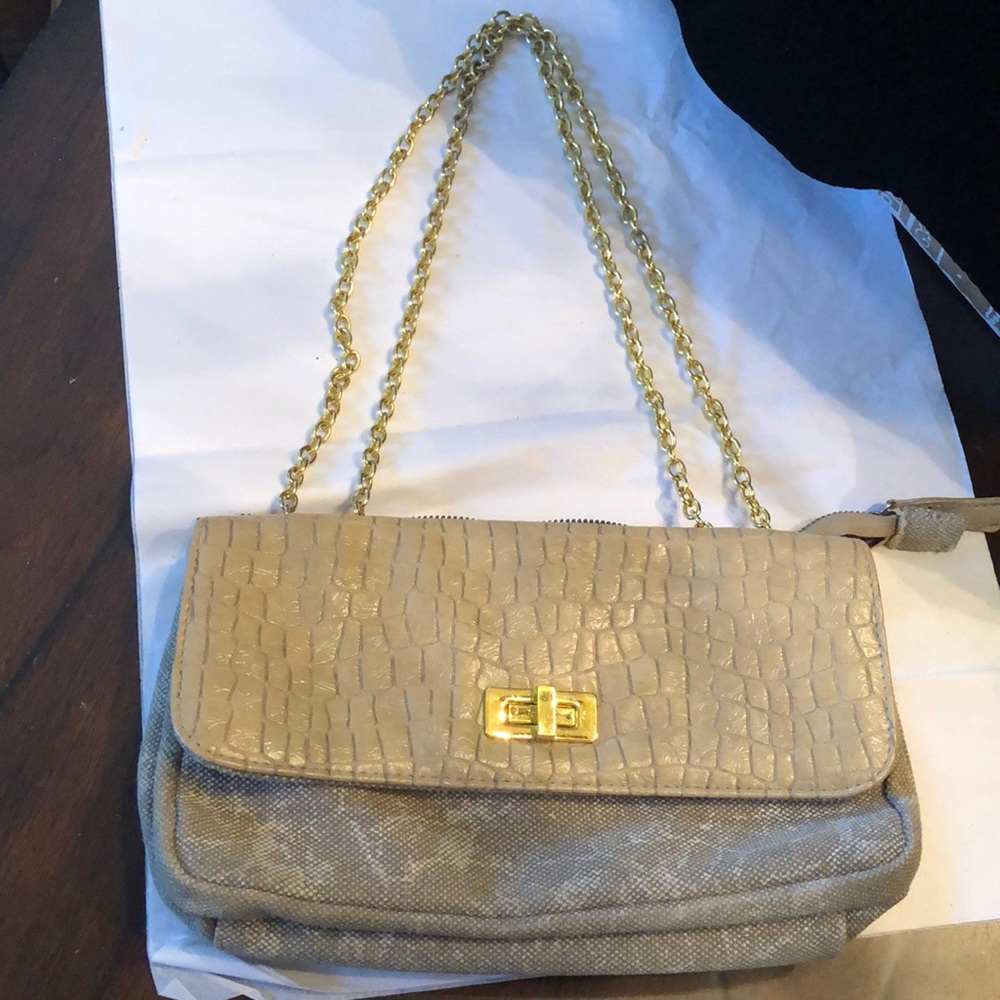 Moved Sondra Roberts roomy fabric, faux stamped leather double chain strap bag